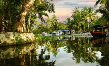 Kerala 5 day tour — traditional houseboat cruising through Alleppey backwater canals at golden hour with coconut palms