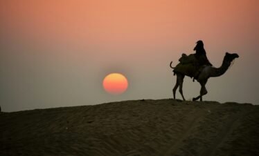 Royal Rajasthan tour — camel caravan crossing Sam Sand Dunes golden sunset Thar Desert Jaisalmer