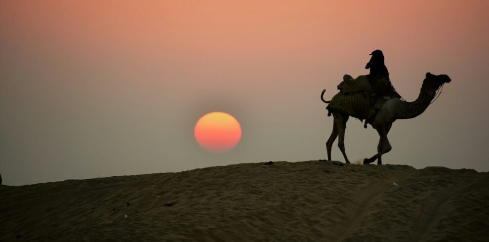 Royal Rajasthan tour — camel caravan crossing Sam Sand Dunes golden sunset Thar Desert Jaisalmer