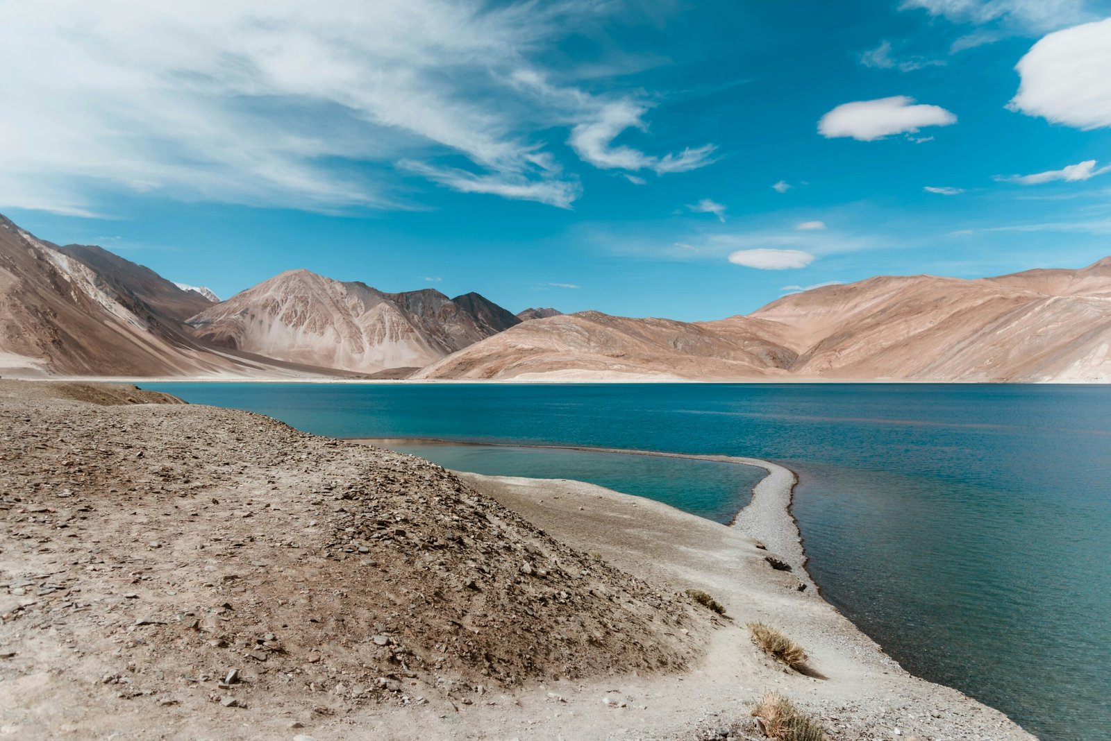 Leh Ladakh tour panoramic view of Pangong Lake with blue water and snow-capped Himalayan mountains
